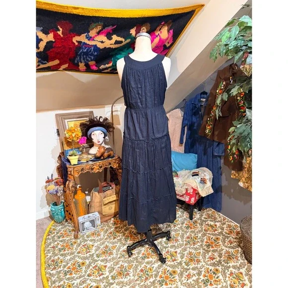 Chaudry Black Cotton Beaded Neckline Tiered Maxi Dress Boho - L - Picture 5 of 9